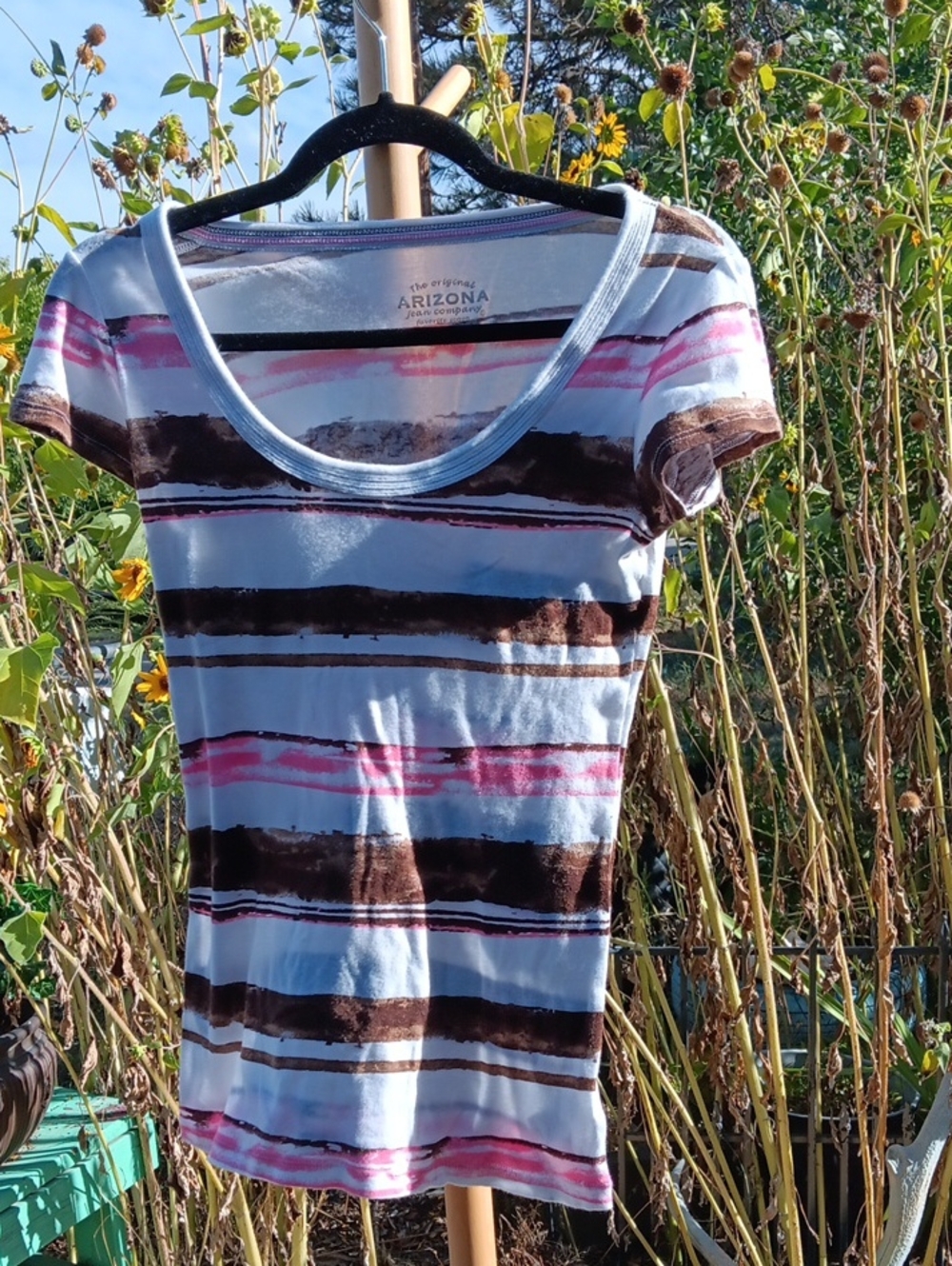 Arizona Jean Company Striped Scoop Neck Tee in White, Brown & Pink